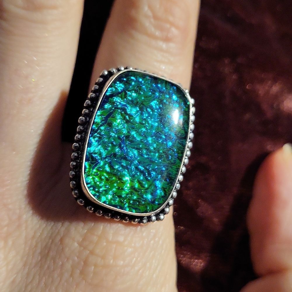 Gorgeous Large Dichroic Glass Ring - Size 8